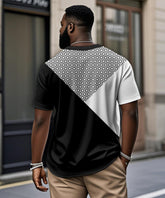 Men's Plus Size Black And White Color Block Geometric Print Henry Collar Button Short Sleeve T-shirt
